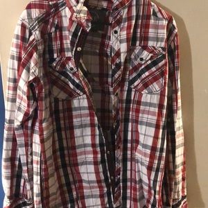 BKE, long sleeve button, red, black, white, medium